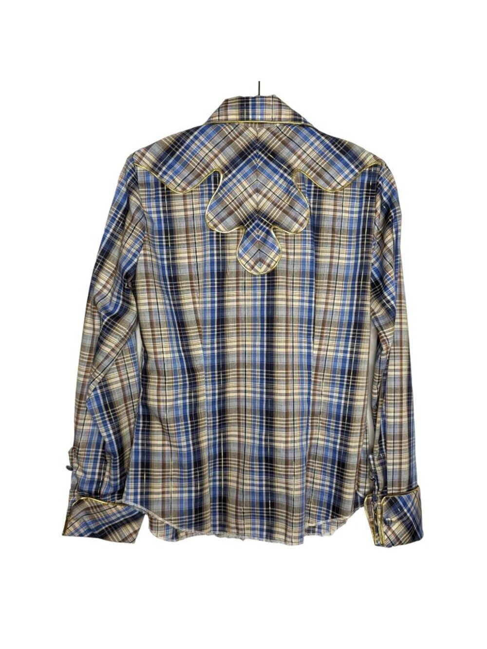 Clover Custom long sleeve blue brown plaid gold trim cowgirl Vintage Shirt M - Picture 2 of 11